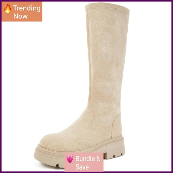 Platform Knee High Boots Faux Suede Lug Sole Pull On Women's Shoes